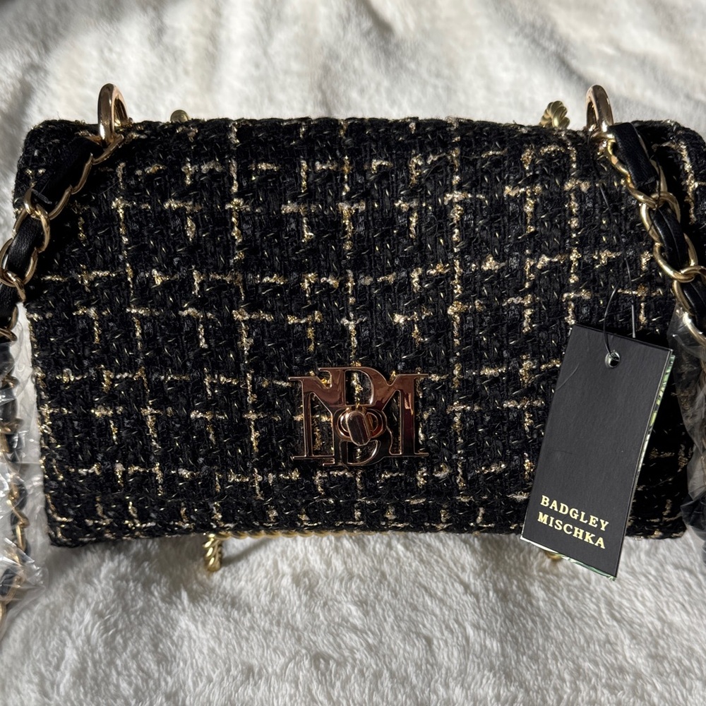 Badgley Mischka Black and Gold Tweed Crossbody Bag NWT